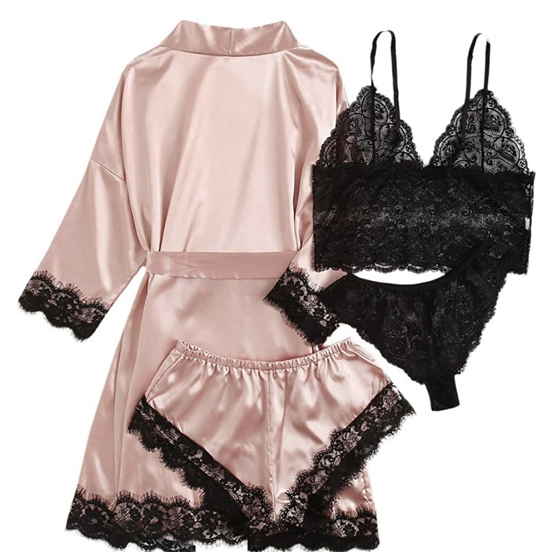 Lace-geschilderde satijnen pyjama 4-delige set